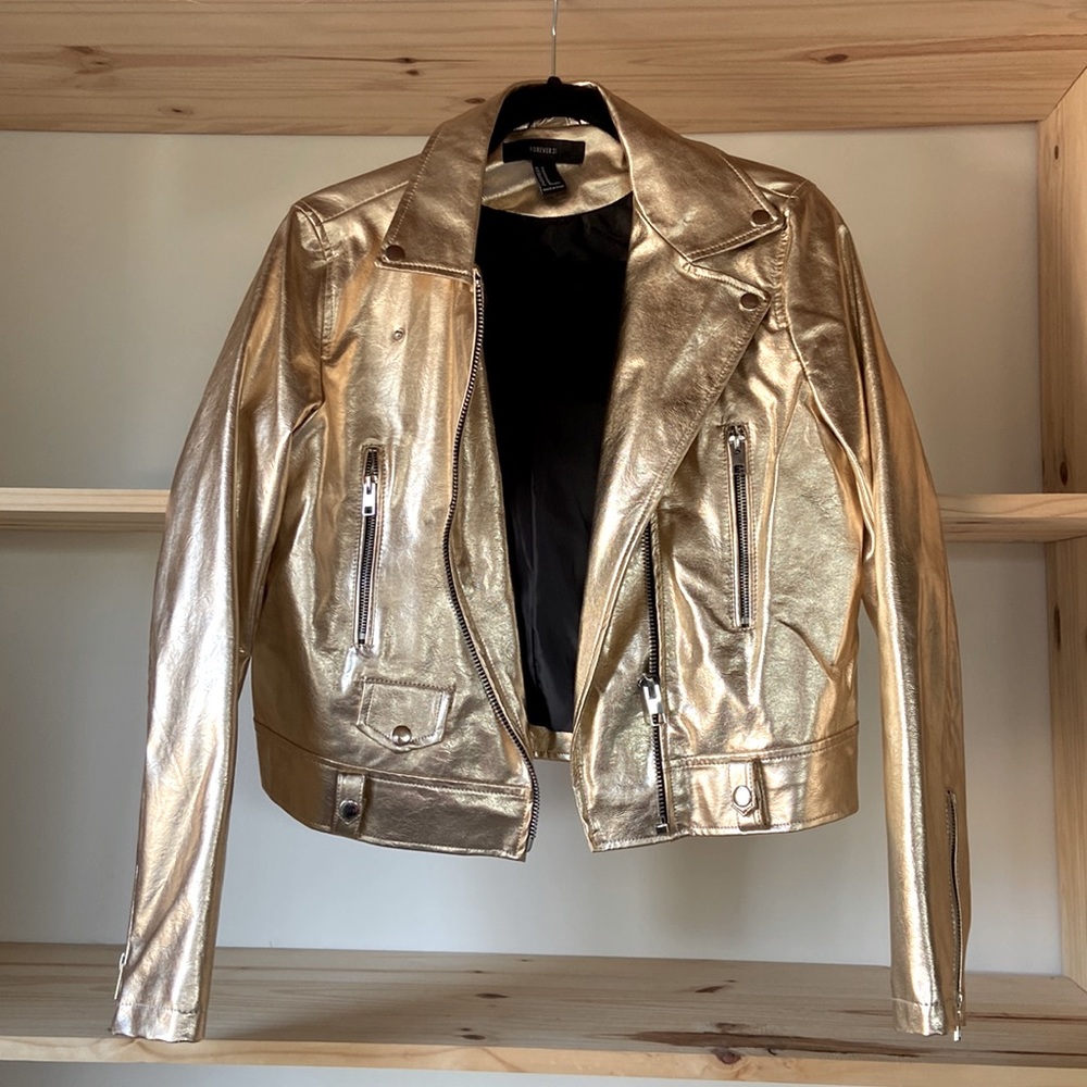 Forever 21 Gold Lame Faux Leather Moto Jacket